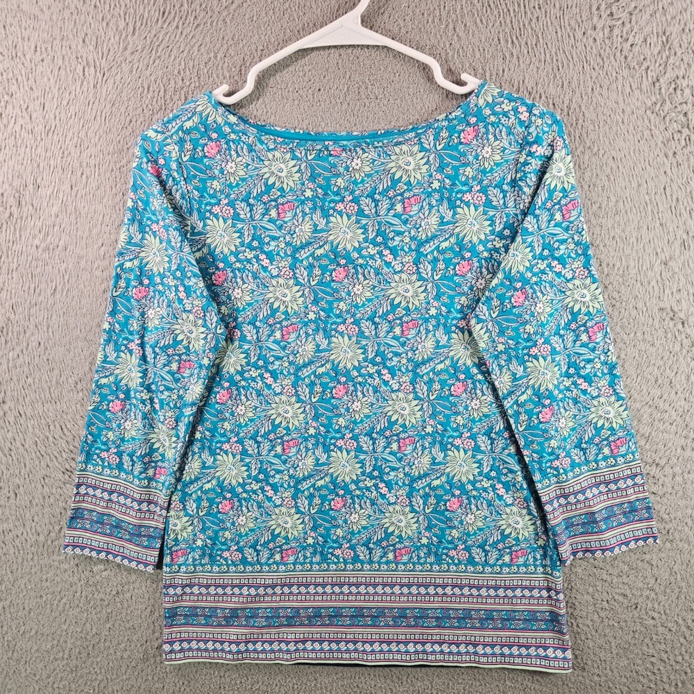 Talbots Tee Womens‎ XS Blue Floral 3/4 Sleeve Boat Neck Cotton Blend